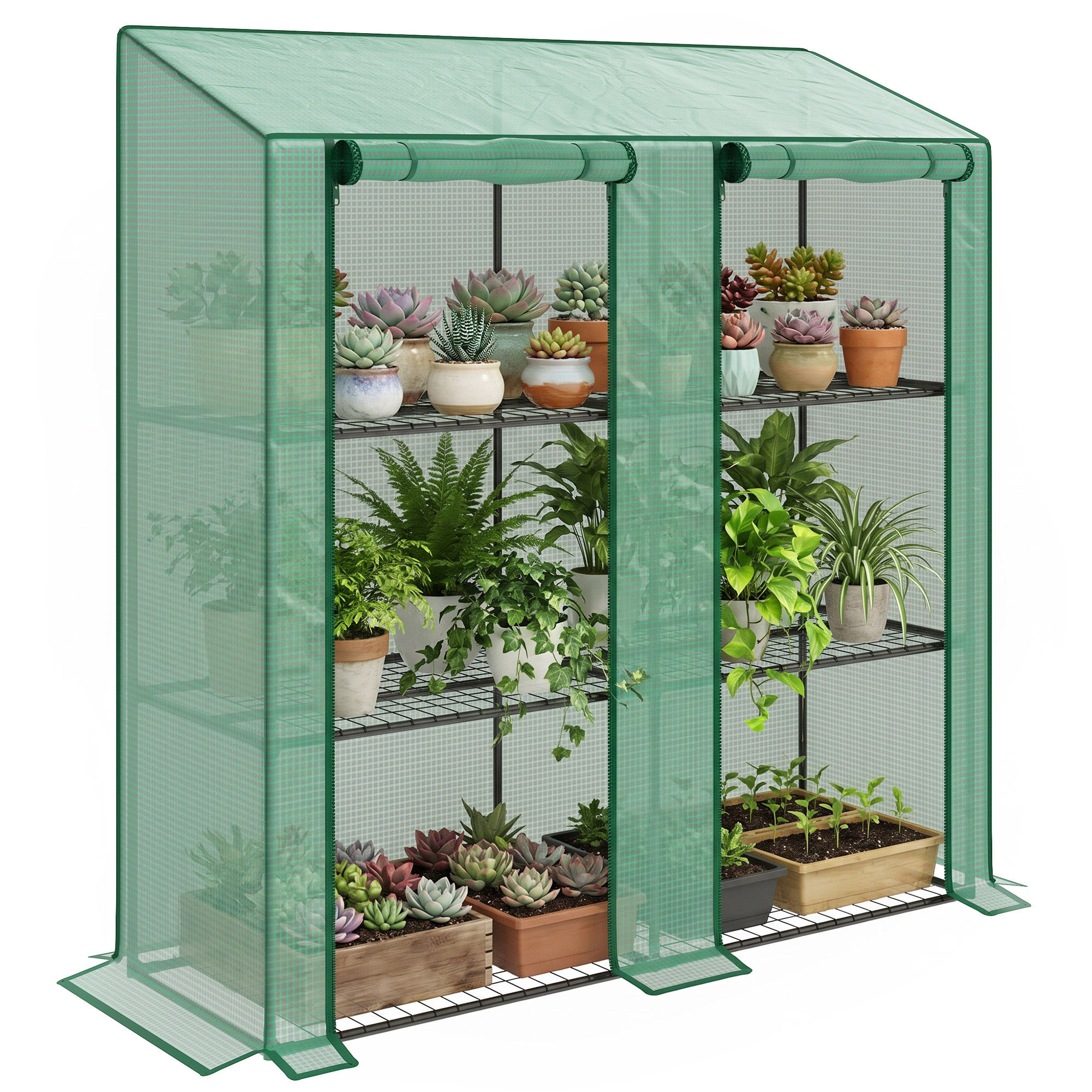 Mini-gewächshaus, 3 Ebenen, 6 Drahtgitterregale, 2 Öffnungen, Kunststoffabdeckung, Grün