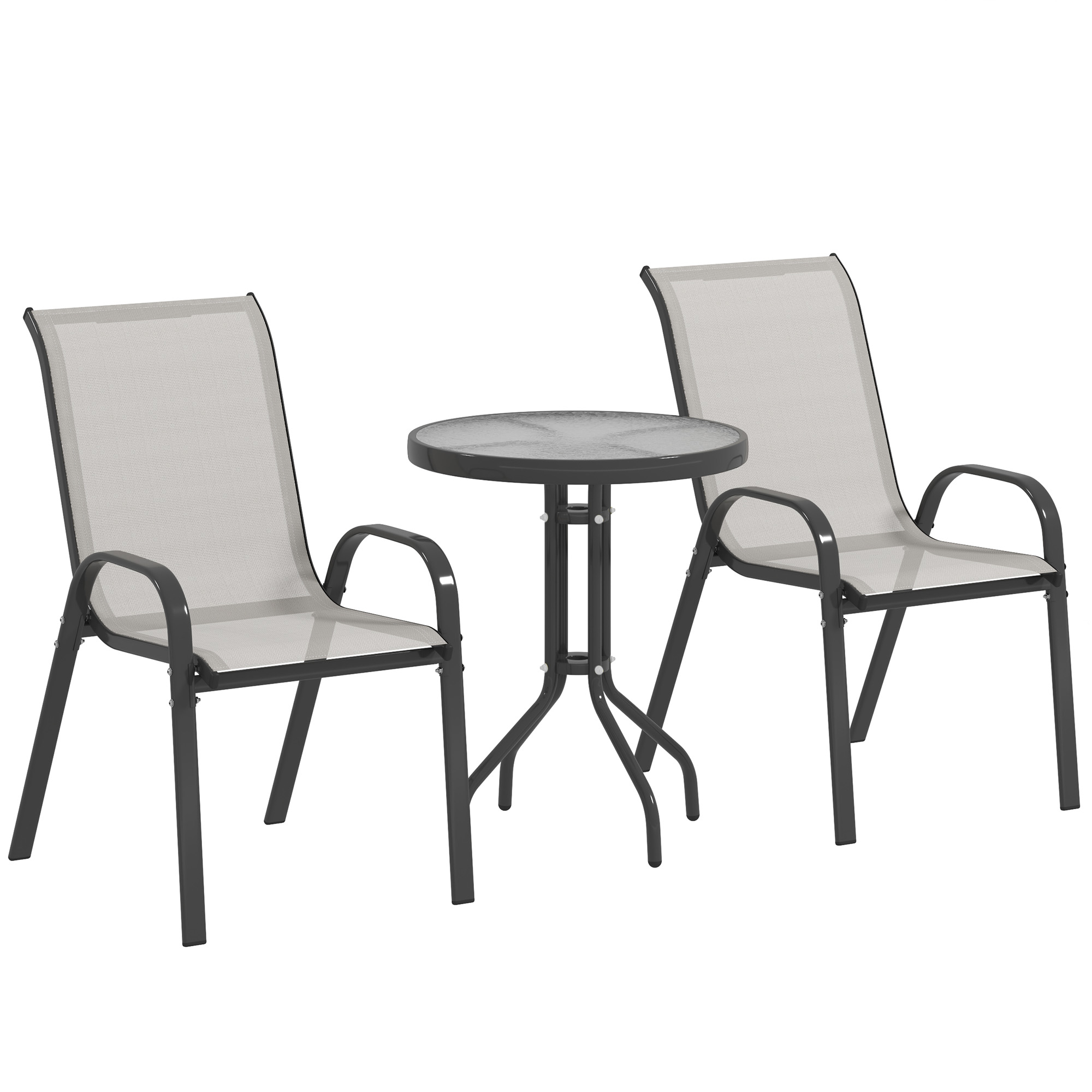 Gartenmöbelset: 2 Stapelbare Sessel, Couchtisch Mit Hellgrauer Tischplatte Aus Gehärtetem Glas