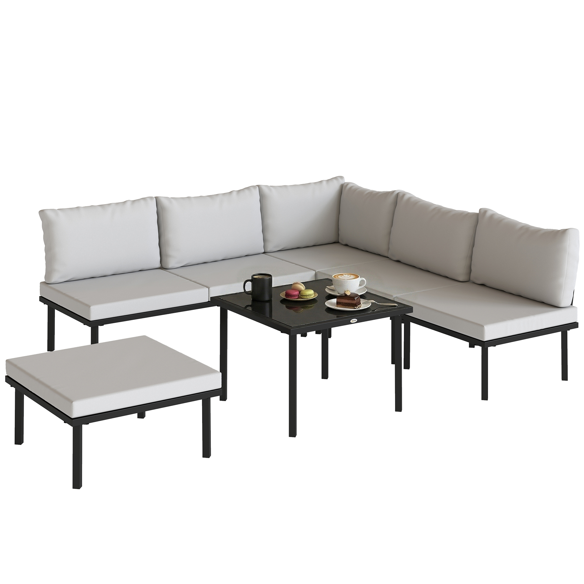 6-teiliges Gartenmöbelset Bestehend Aus Einem 2-sitzer-sofa, Einem Eckelement, 2 Sesseln, Einem Hocker Und Einem Grauen Glastisch.