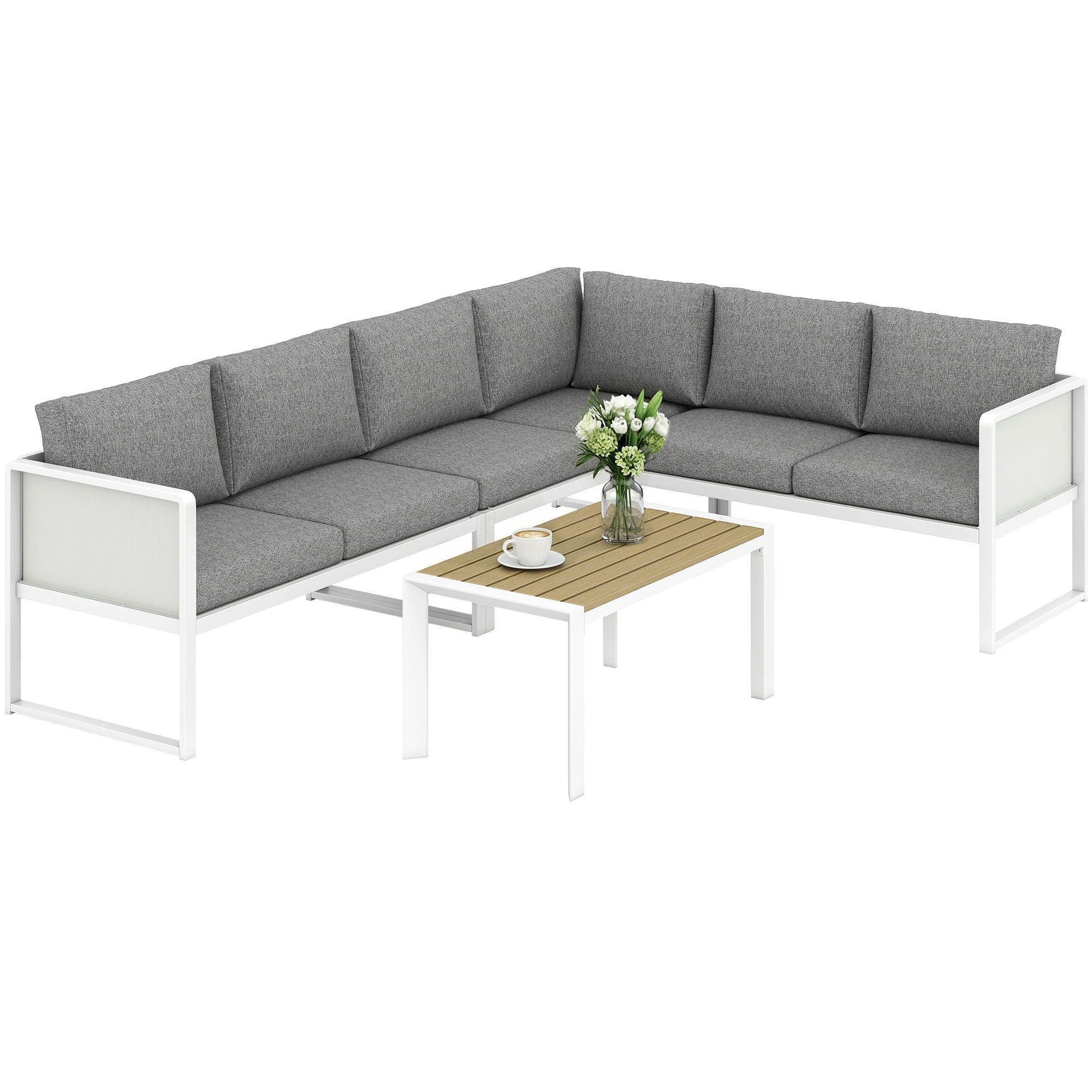 Gartenmöbel-set Mit Kissen: 3 Zweisitzer-sofas, Ein Tisch Mit Holzoptik-verbundplatte Und Grauen Und Weißen Kissen.