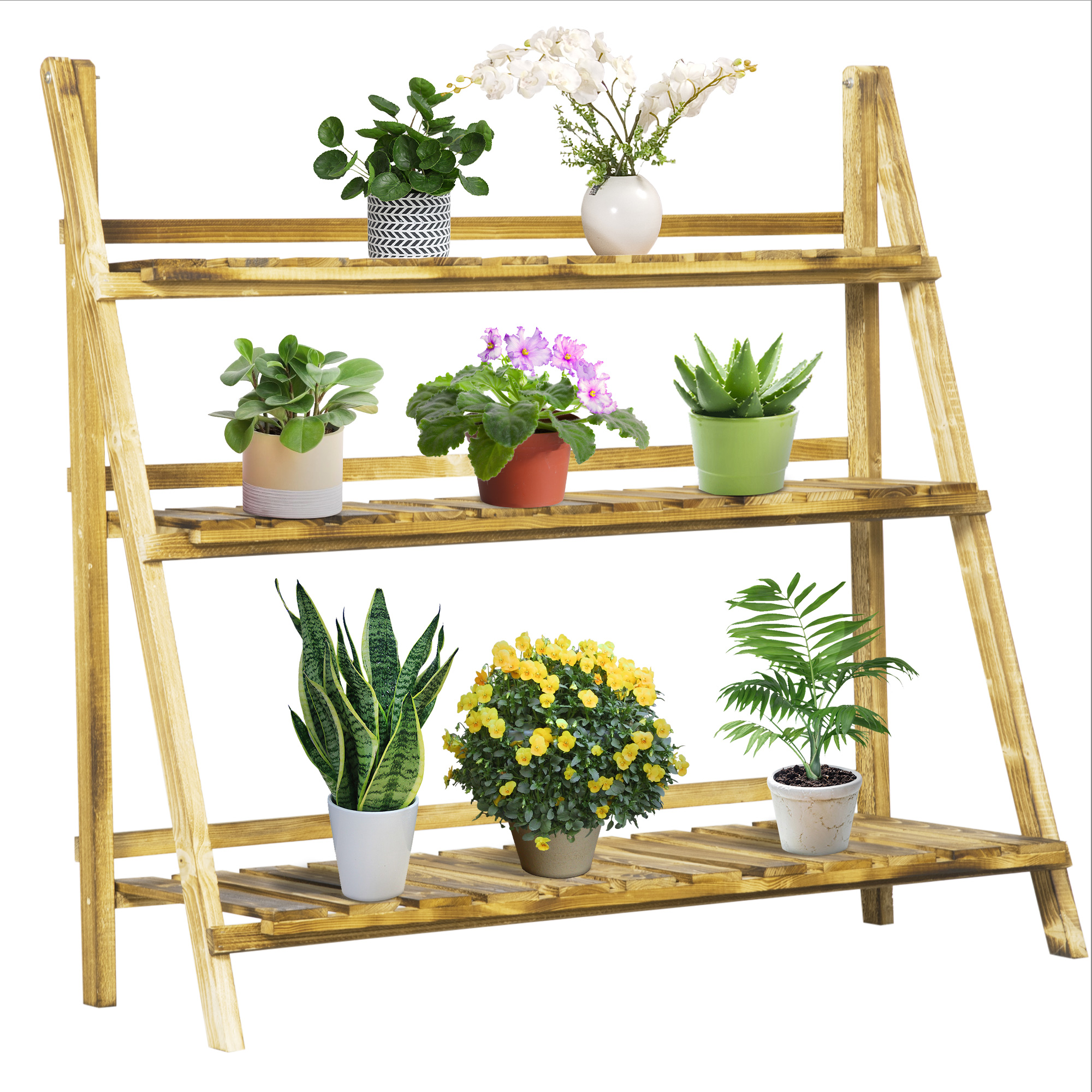 Zusammenklappbarer Pflanzenständer, Topfhalter Aus Tannenholz, 3-stufiges Gartenregal, 100 X 37 X 93 Cm