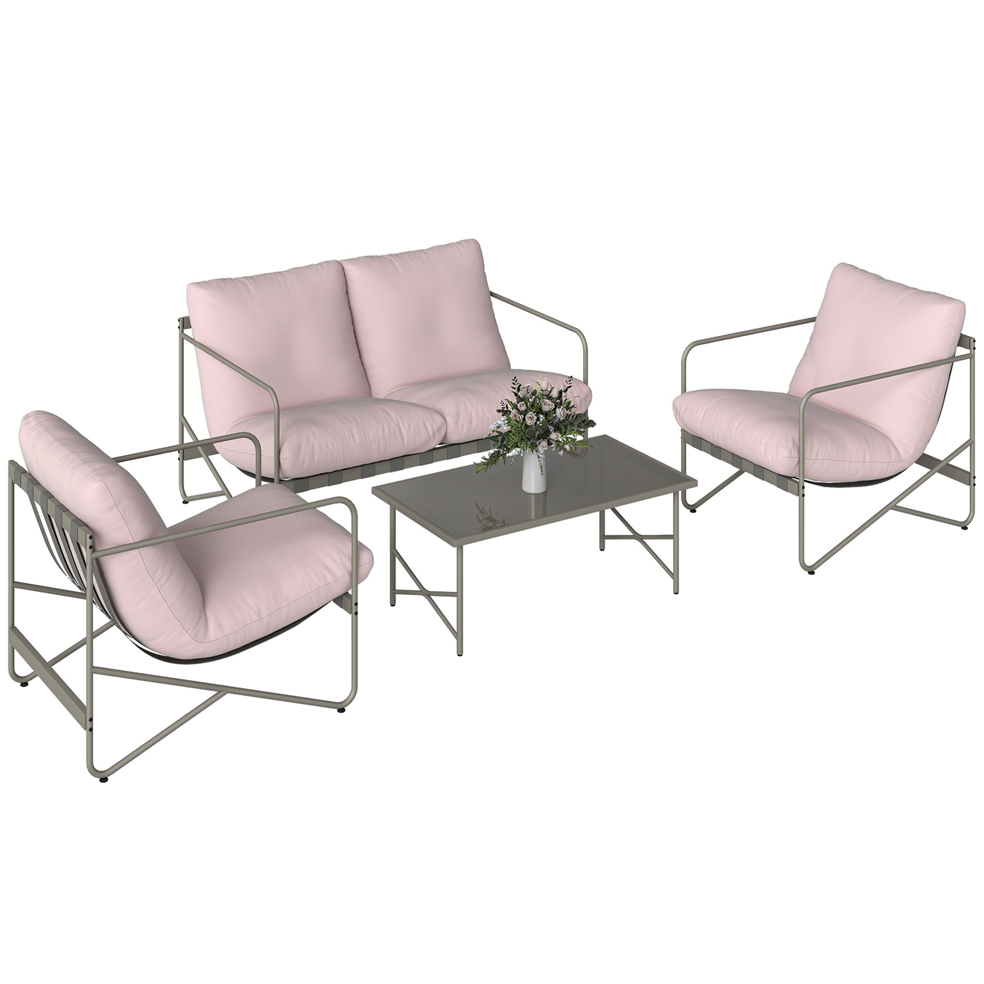 4-teiliges Gartenmöbelset Bestehend Aus Einem 2-sitzer-sofa, 2 Sesseln, Einem Tisch Aus Gehärtetem Glas Und Dicken Kissen, Rosa.