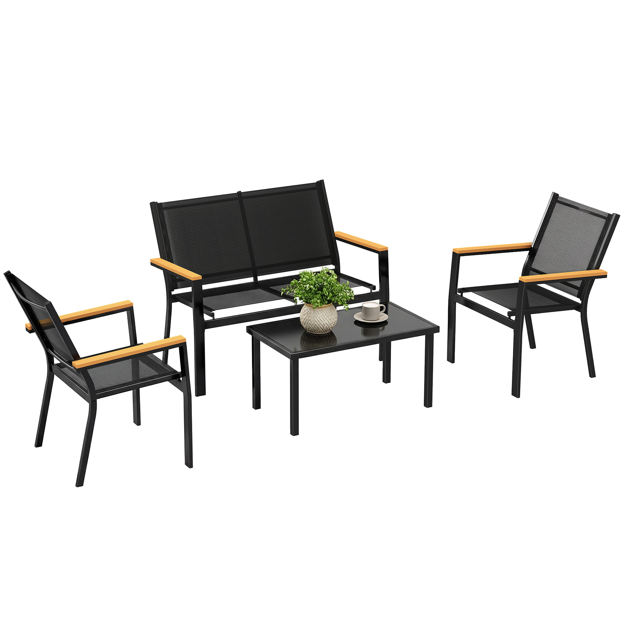 Gartenmöbelset Aus Metall, 4-personen-gartenlounge-set Mit 2-sitzer-sofa, Sessel Und Beistelltisch, 110 X 63,5 X 84 Cm, Schwarz