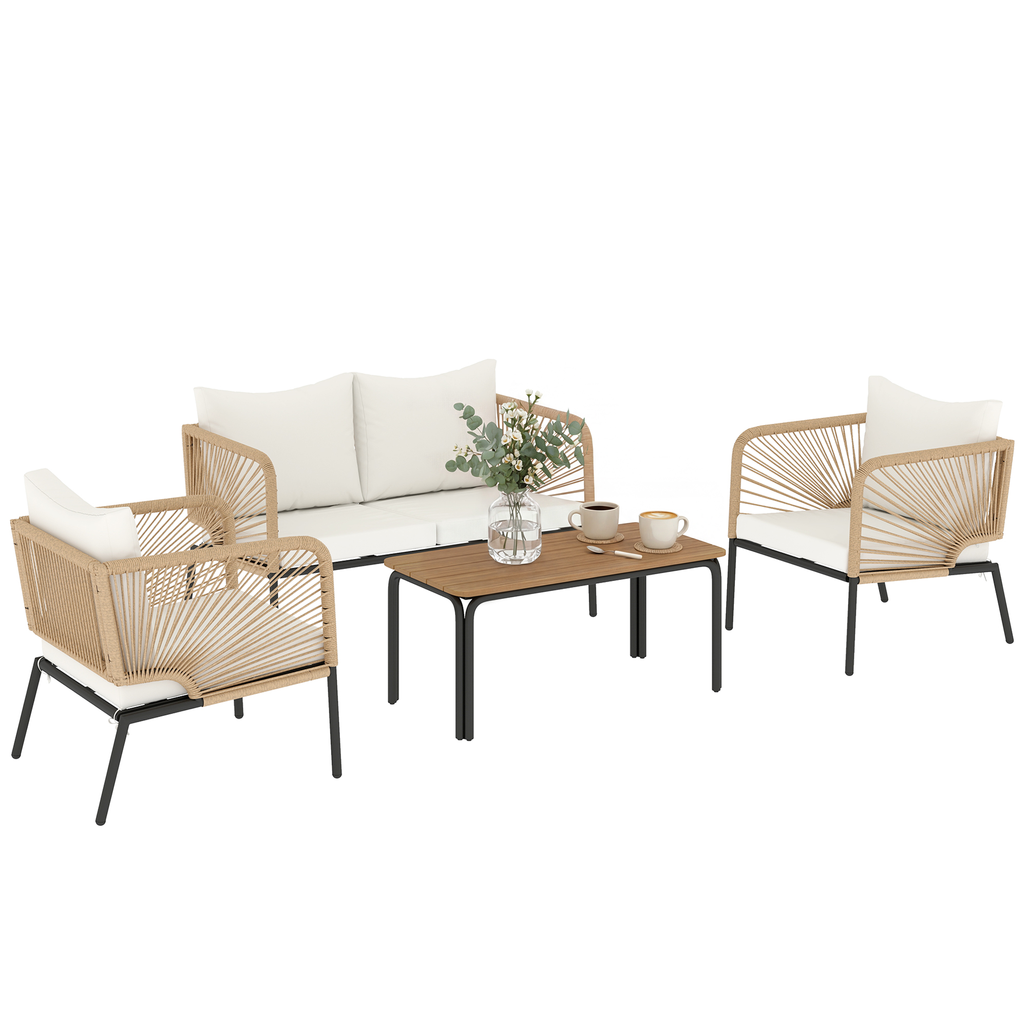 4-teiliges Gartenmöbelset Mit Sofa, 2 Sesseln Und Tisch, Aus Kunstharz In Rattanoptik (wpc Pe), Gepolsterte Kissen, Weiß