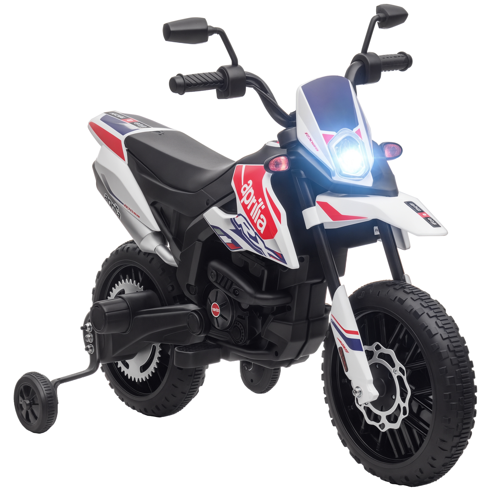 Aprilia 12v Elektromotorrad Für Kinder Mit Führerschein, Abnehmbare Stützräder, 6 Km/h, Hinterradfederung, Weiß