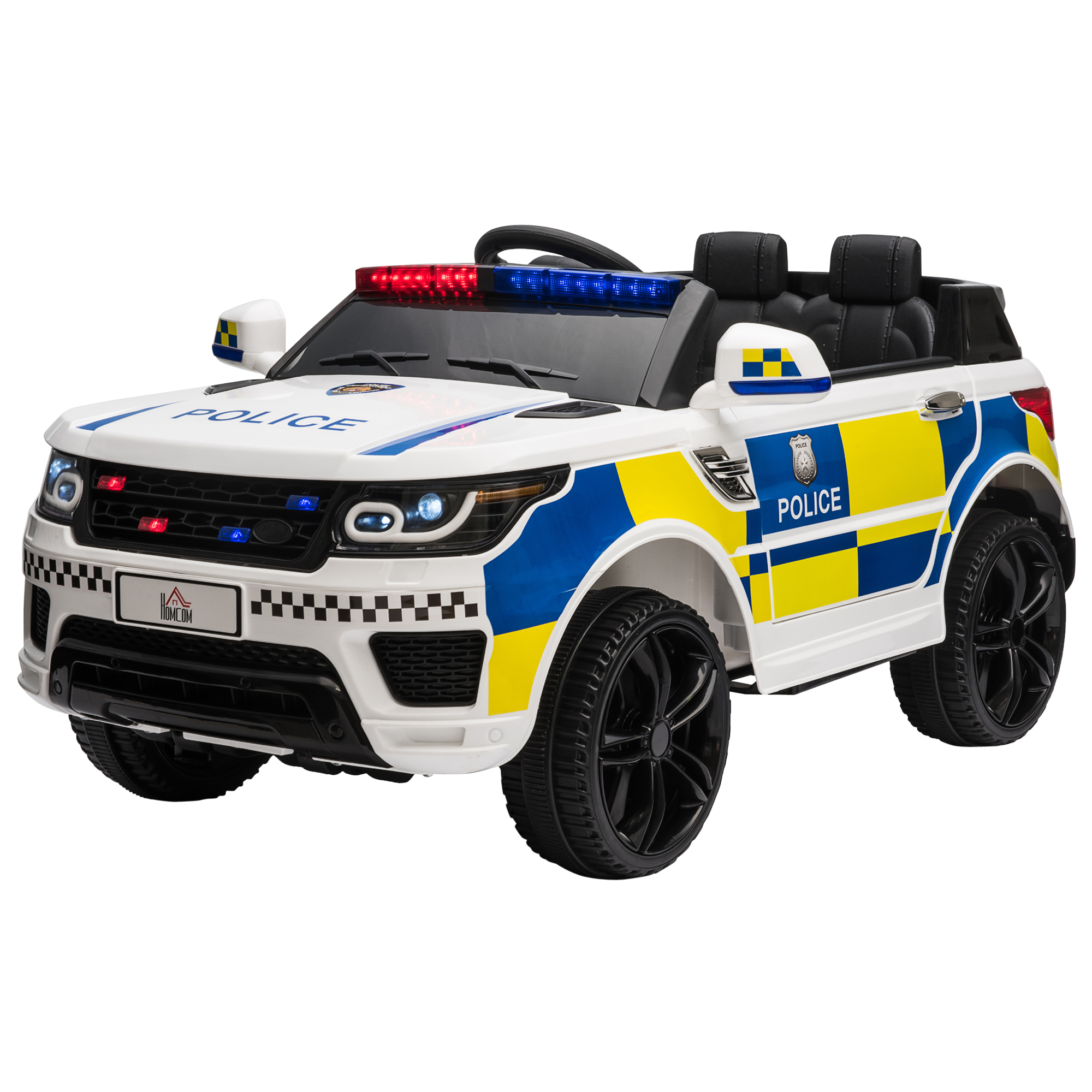 Elektrisches Polizeiauto Für Kinder, 12-v-batterie, Bluetooth-fernbedienung, Usb-blinklicht, Sirene, Weiß