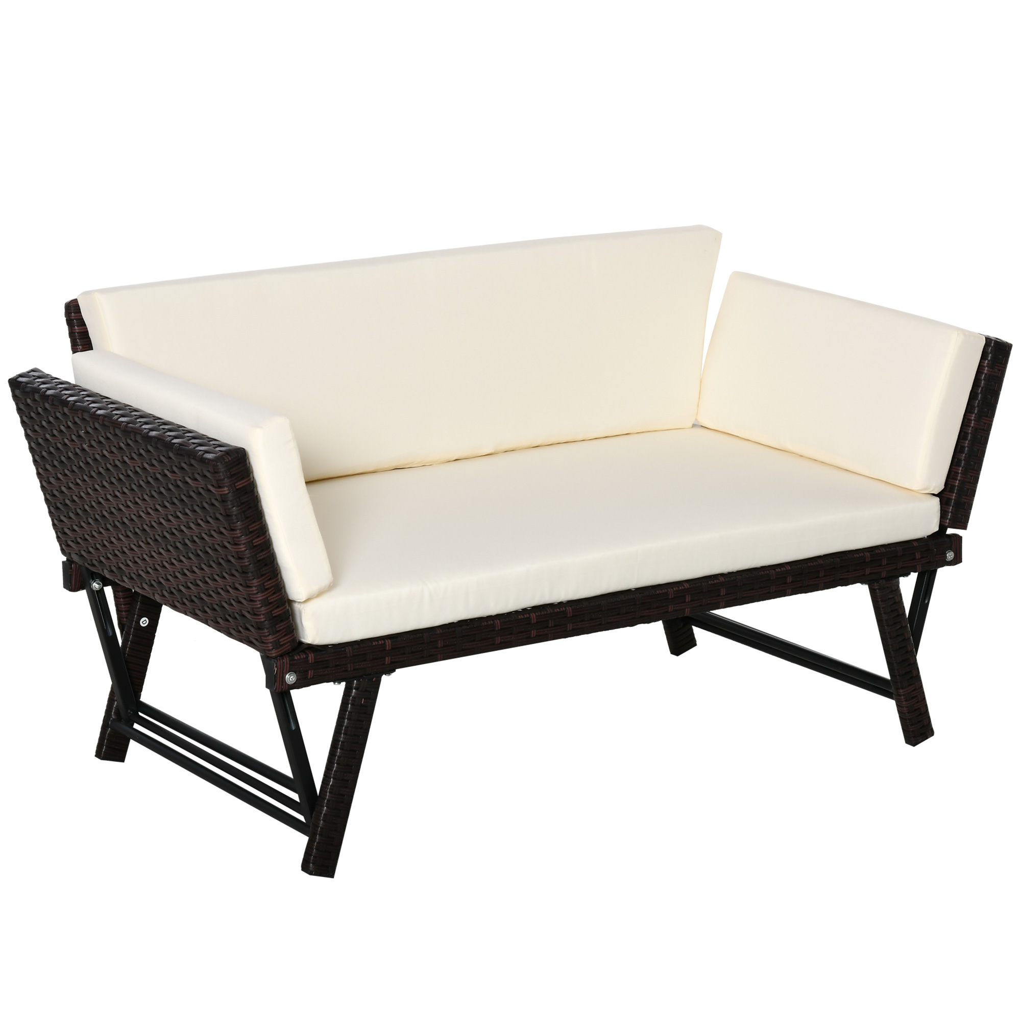 Zweisitzer-gartensofa Mit Ausziehbaren Armlehnen, Aus Rattan, 129 X 63 X 67 Cm, Weiß Und Braun