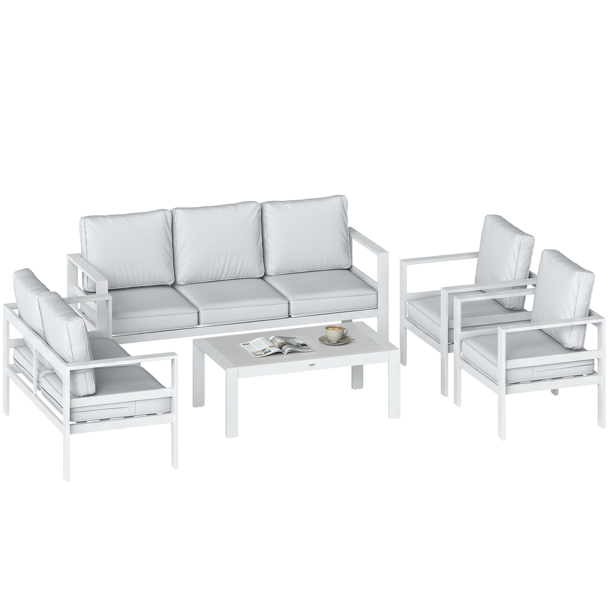 Weißes Aluminium-gartenmöbelset Bestehend Aus Einem 3-sitzer-sofa, 2 Stühlen Und Einem Gartentisch.