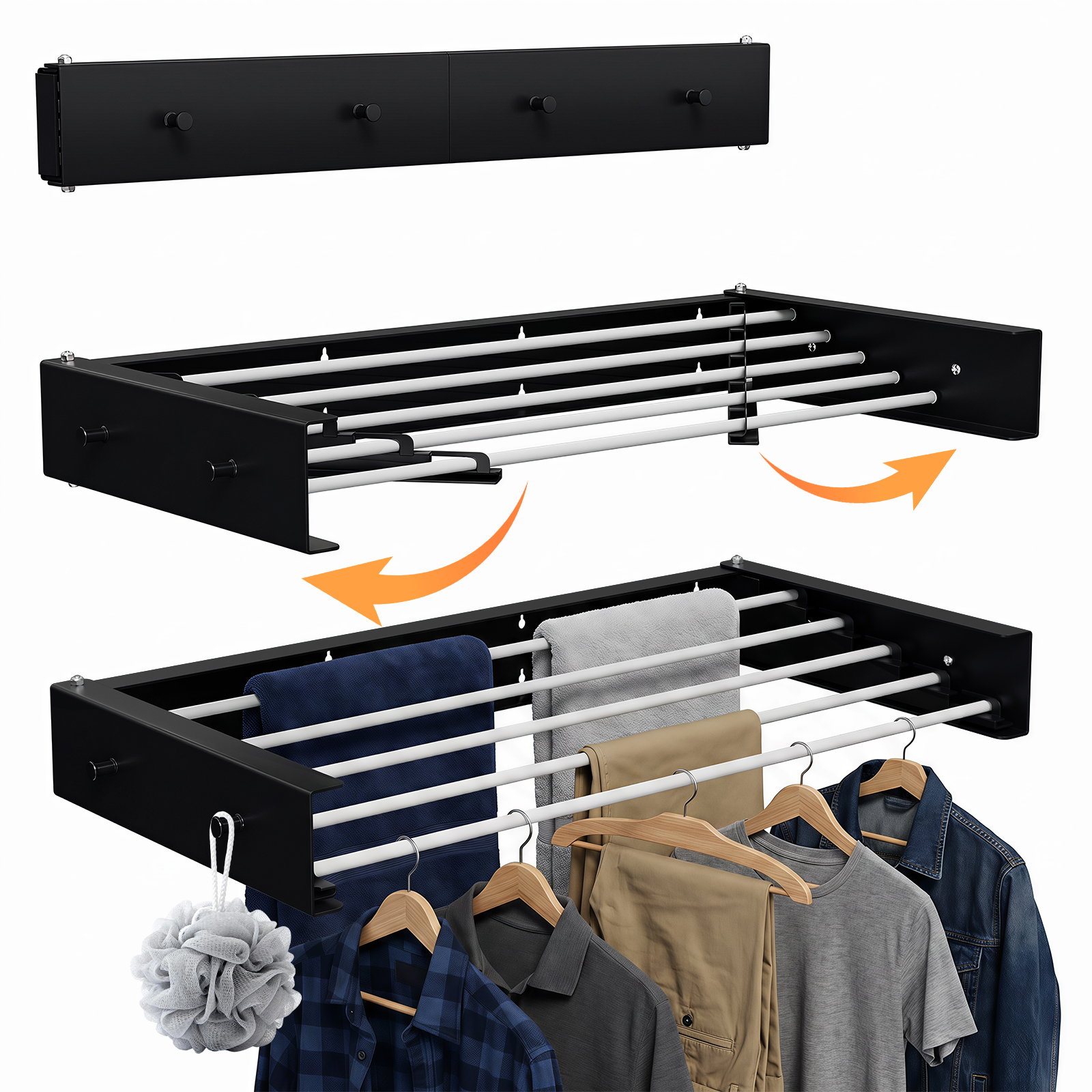 Jiubiaz Wand-wäscheständer Klappbar 80 Cm, Wetterfester Wandtrockner Für Balkon, Terrasse & Innenbereich, Rostbeständige Beschichtung, 5 Stangen, 25 Kg Tragkraft, Schwarz