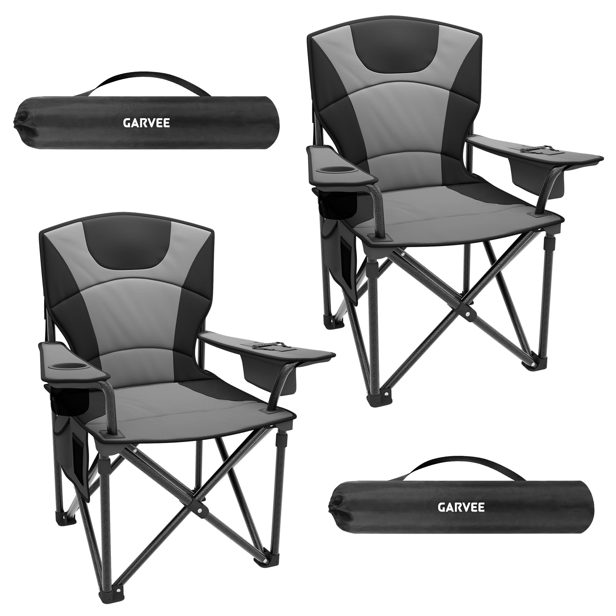 Campingstuhl 2er Set Klappbar, Stabil Bis 200 Kg, Gepolsterter Rücken, Getränkehalter + Kühltasche Ideal Für Outdoor, Garten & Strand Schwarz Und Grau