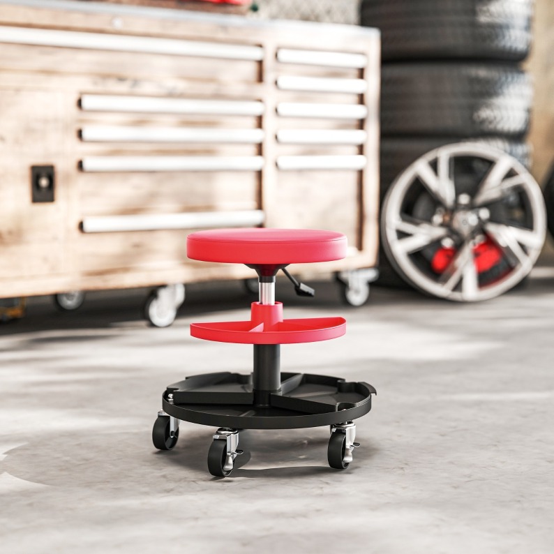 Meubliv Werkstatthocker Auf Rollen Rot, Höhenverstellbar 40–51 Cm Mit Doppelablage