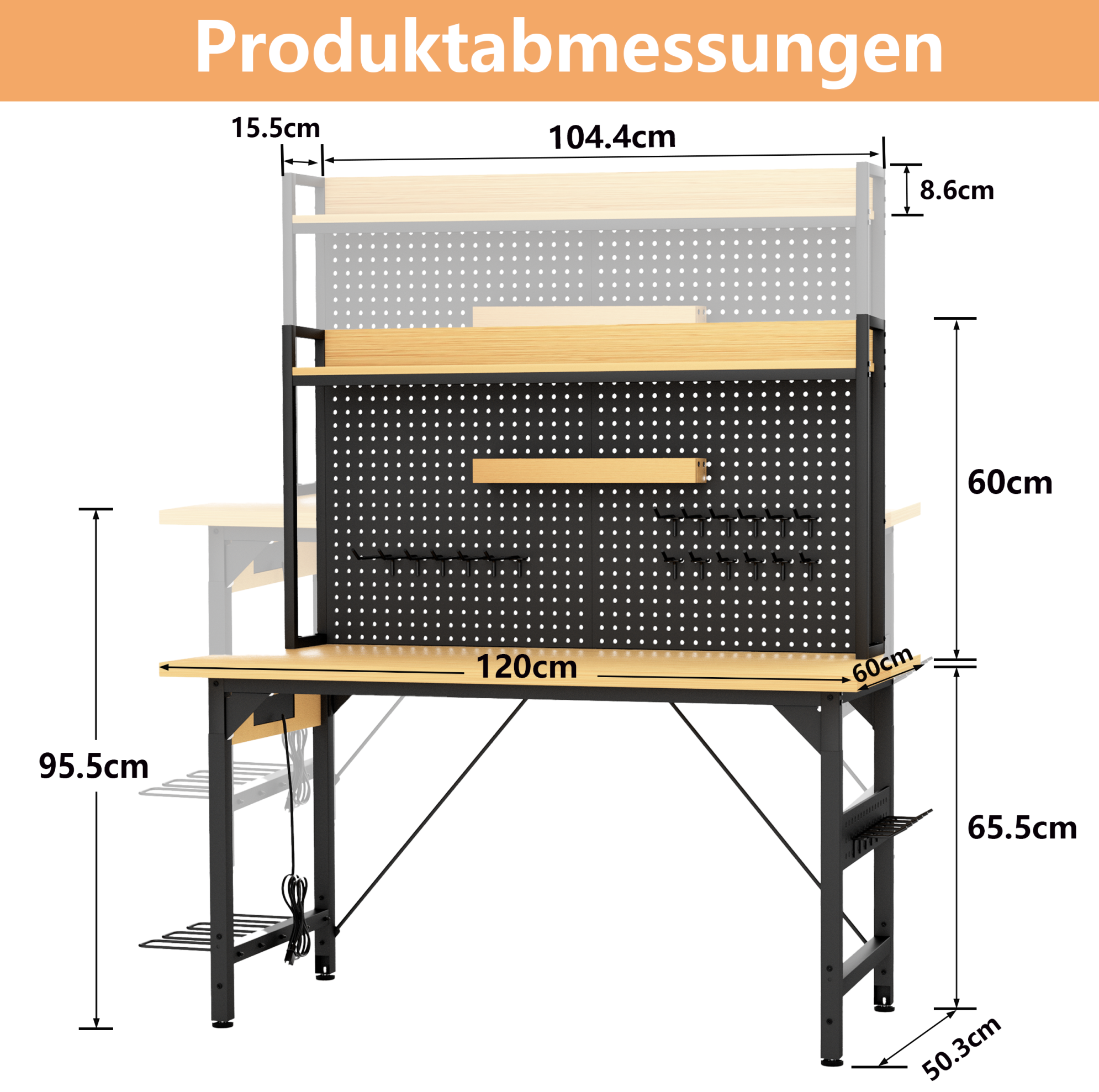 Meubliv Werkbank 120 Cm Schwarz Und Natur – Höhenverstellbar, Ohne Matratze