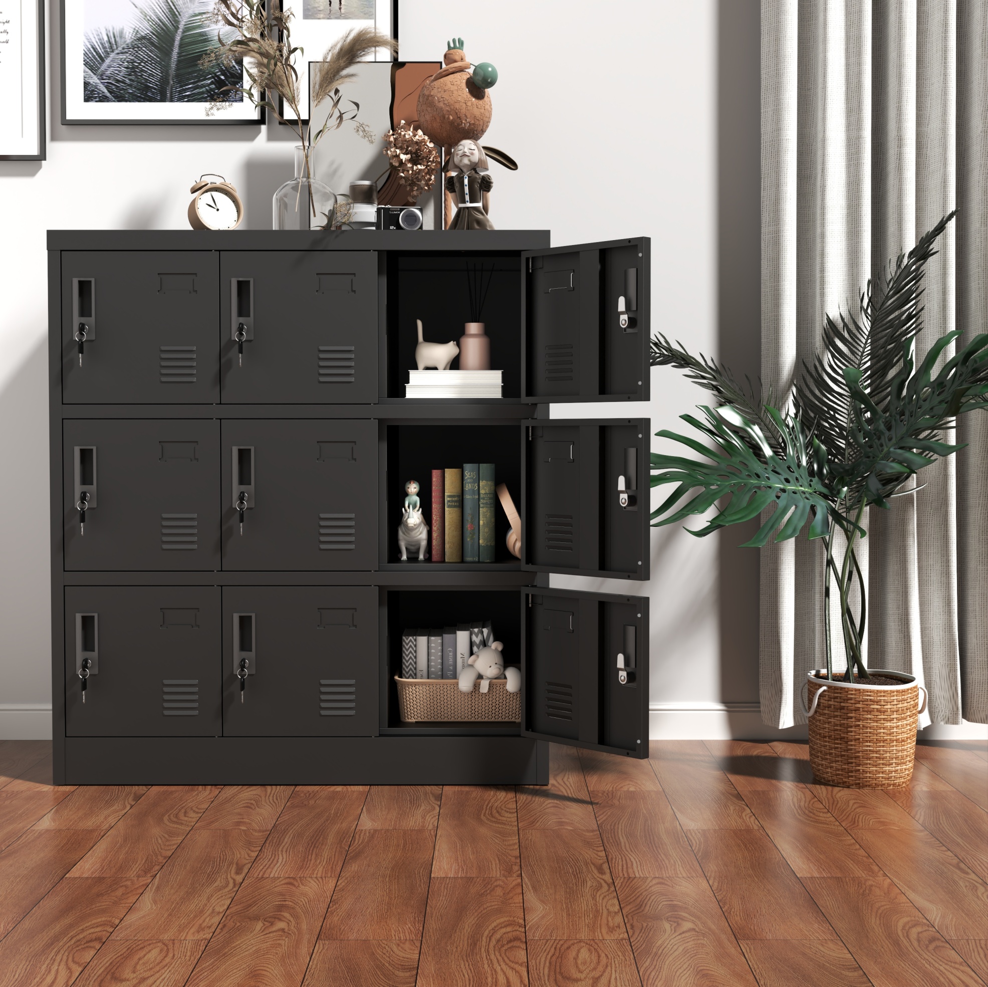 Meubliv Metallschrank 90x40x100 Cm Schwarz – 9 Türen, Einzelschloss Und Lüftung
