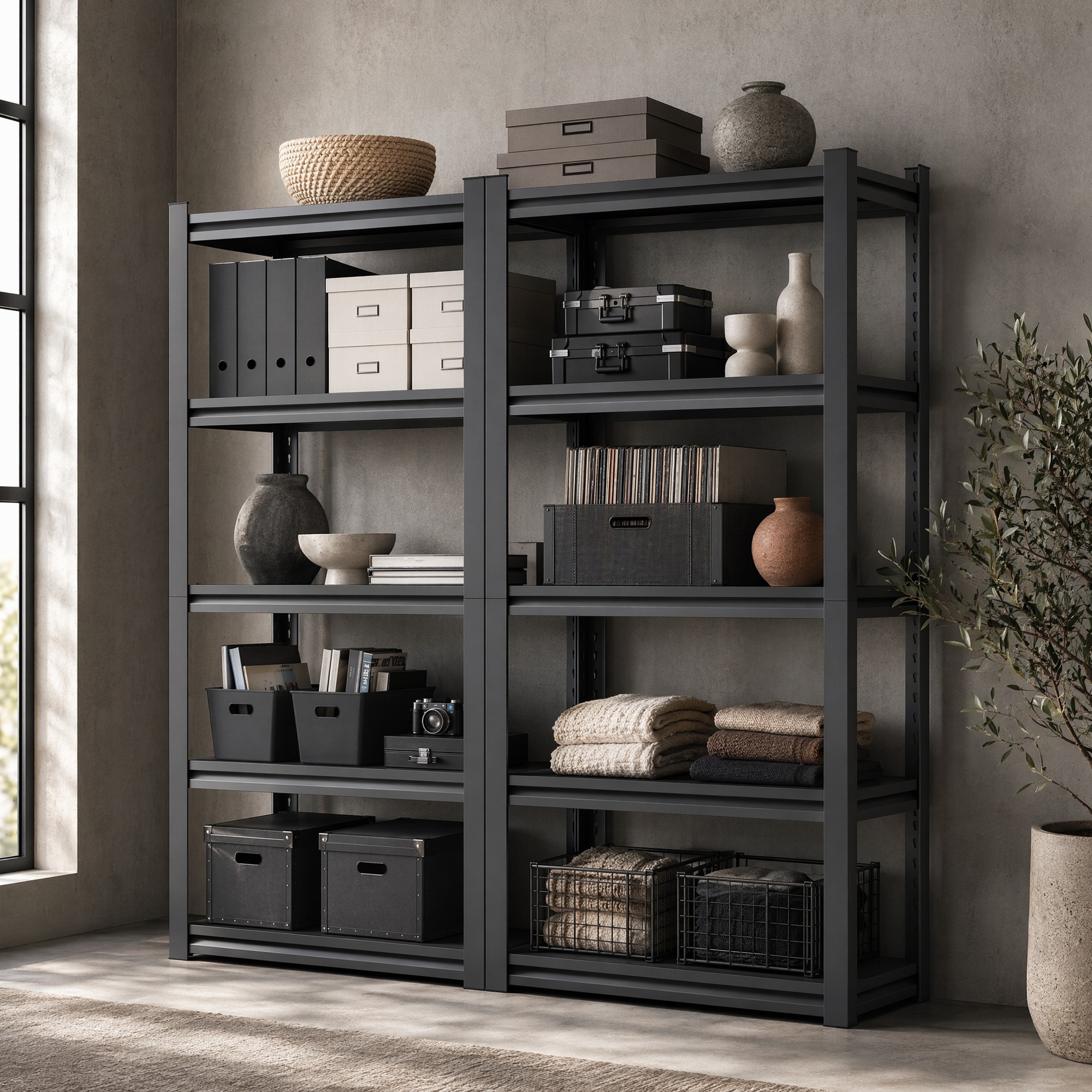 Meubliv Metallregal Mit 5 Ebenen, Schwarz, 90x40x183 Cm, Tragkraft 650 Kg