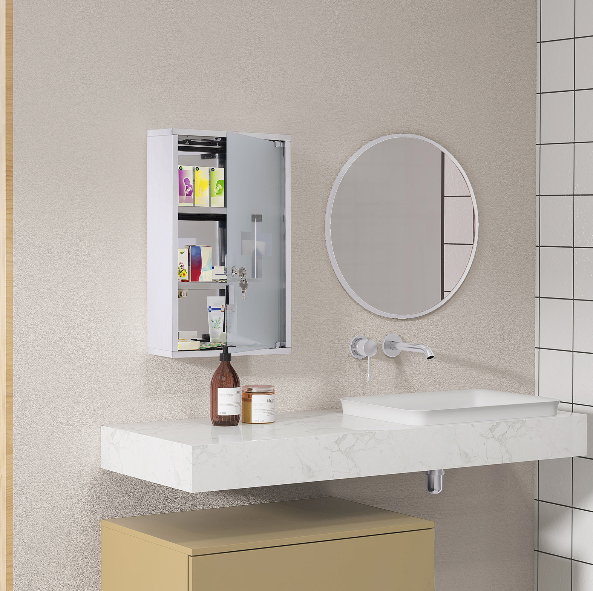 Meubliv Medizinschrank Zur Wandmontage 30x18x50 Cm Silber – Schloss, Satiniertes Glas