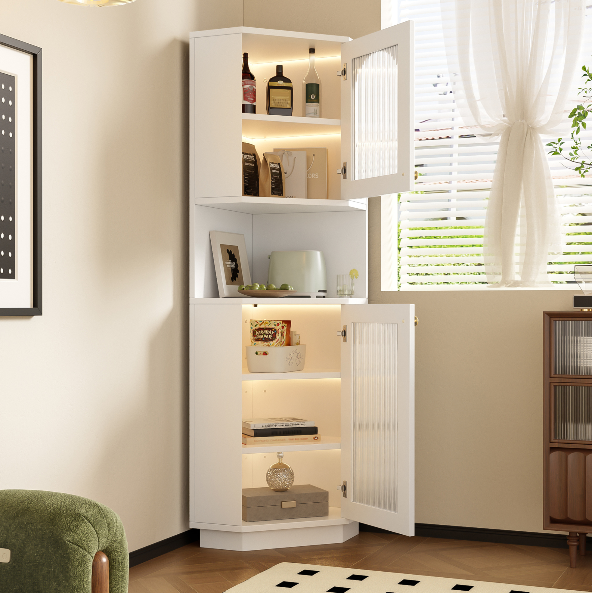 Meubliv Eck-badschrank 45x45x166,5 Cm Weiß – Mit Led-beleuchtung
