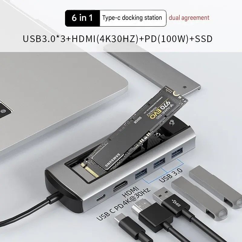 6-in-1 Usb-c-dockingstation Mit Gehäuse Für Tragbare M.2-ssd-festplatten, Usb-c-hub (sata- Und Nvme-kompatibel), Multifunktionaler Ssd-hub