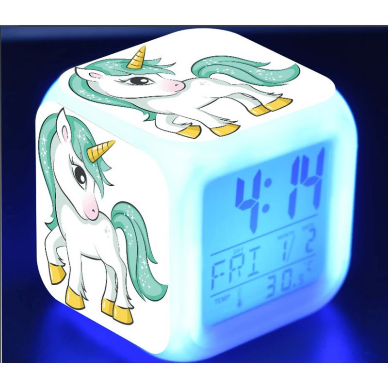 Kleiner, 3,8 Cm Großer, Gestickter Led-digitalwecker Mit Animation Für Babybetten Und Kinderzimmer, Wunderschönes Einhorn, Grün