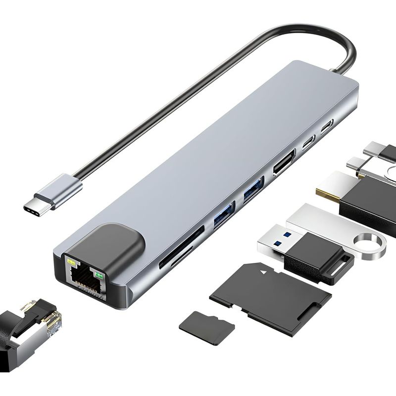Usb-c-ethernet-adapter, Typ-c-dockingstation Mit 4k-60hz-hdmi-ausgang, 8-in-1-multifunktions-usb-c-hub, 1000-w-pd, Sd/tf-kartenleser