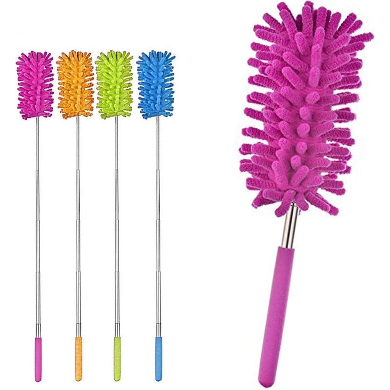 Multifunktionaler Reinigungsstaubwedel Mit Teleskopischer Mikrofaserverlängerung, Federbürste, 1 Stück, Rosa