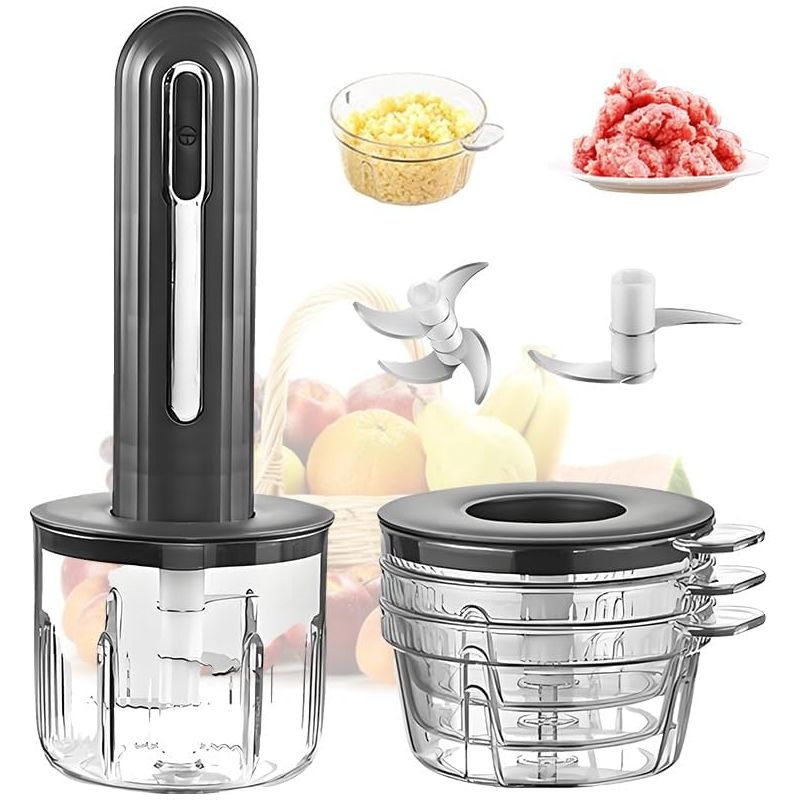 Multifunktionale Küchenmaschine – Usb-wiederaufladbar, Mit 2 Klingen Und 4 Behältern, Ideal Zum Zerkleinern Von Gewürzen, Gemüse Und Fleisch.
