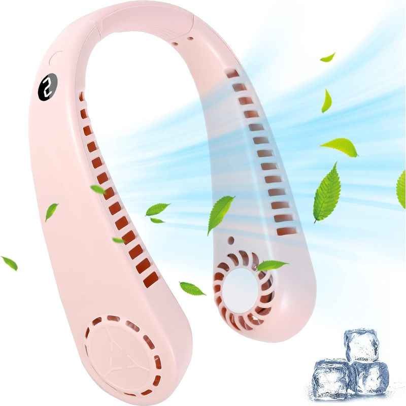 (pink) Tragbarer Nackenventilator, Mini-usb-wiederaufladbarer Taschenventilator, Leise, 5 Geschwindigkeitsstufen, Led-anzeige, 360° Verstellbar