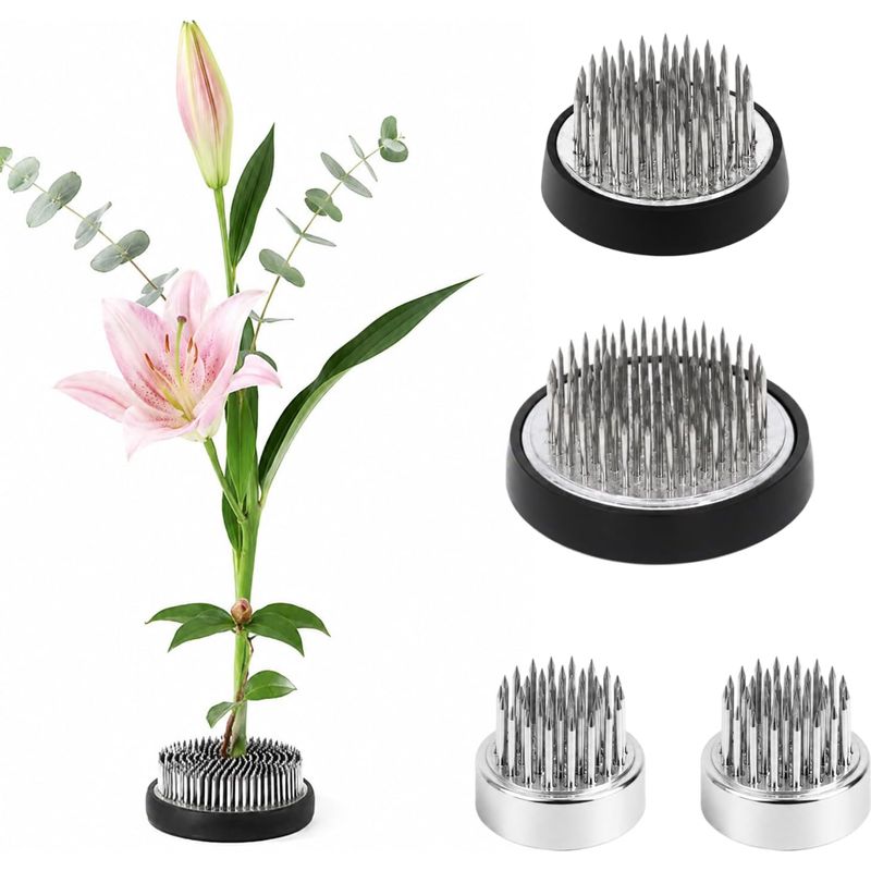 4-teiliges Set Aus Silberfarbenen Ikebana-blumensteckern Aus Edelstahl (2x D23 + D34 + D46), Blumenfrosch Und Kenzan Für Blumenkunst, Blumenarrangements Und Wohndekoration