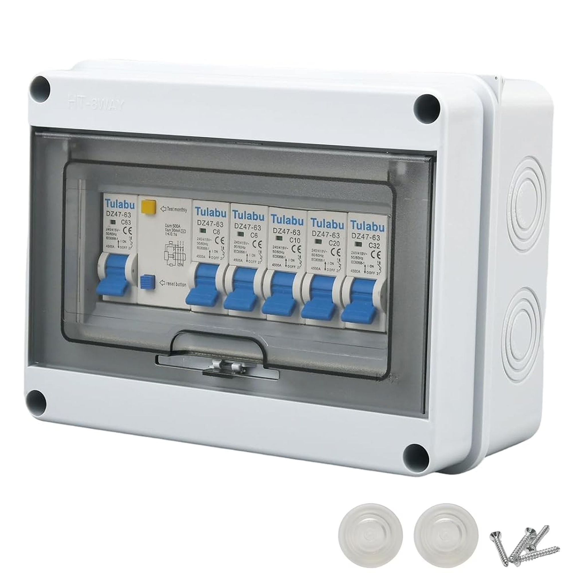 5-wege Sicherungskasten 63a Ip65 Wasserdicht – 1p+n (6a, 6a, 10a, 20a, 32a) Für Garage, Werkstatt, Wohnwagen, Gartenhaus