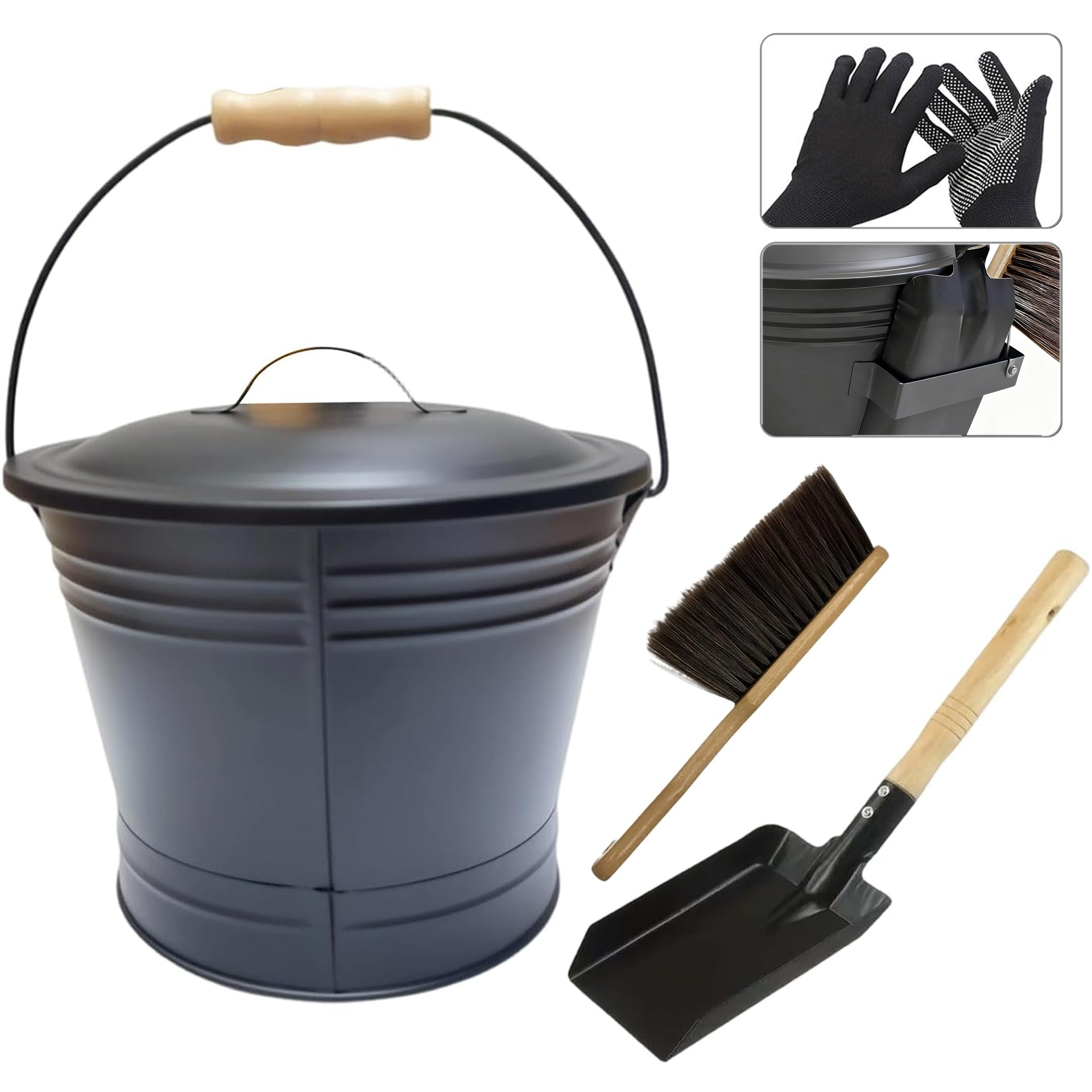Komplett-set Kaminreinigung: Ascheeimer Mit Schaufel, Handfeger, Handschuhe Und Ständer - Hitzebeständiger Holzgriff Für Holzkaminofen Und Grill