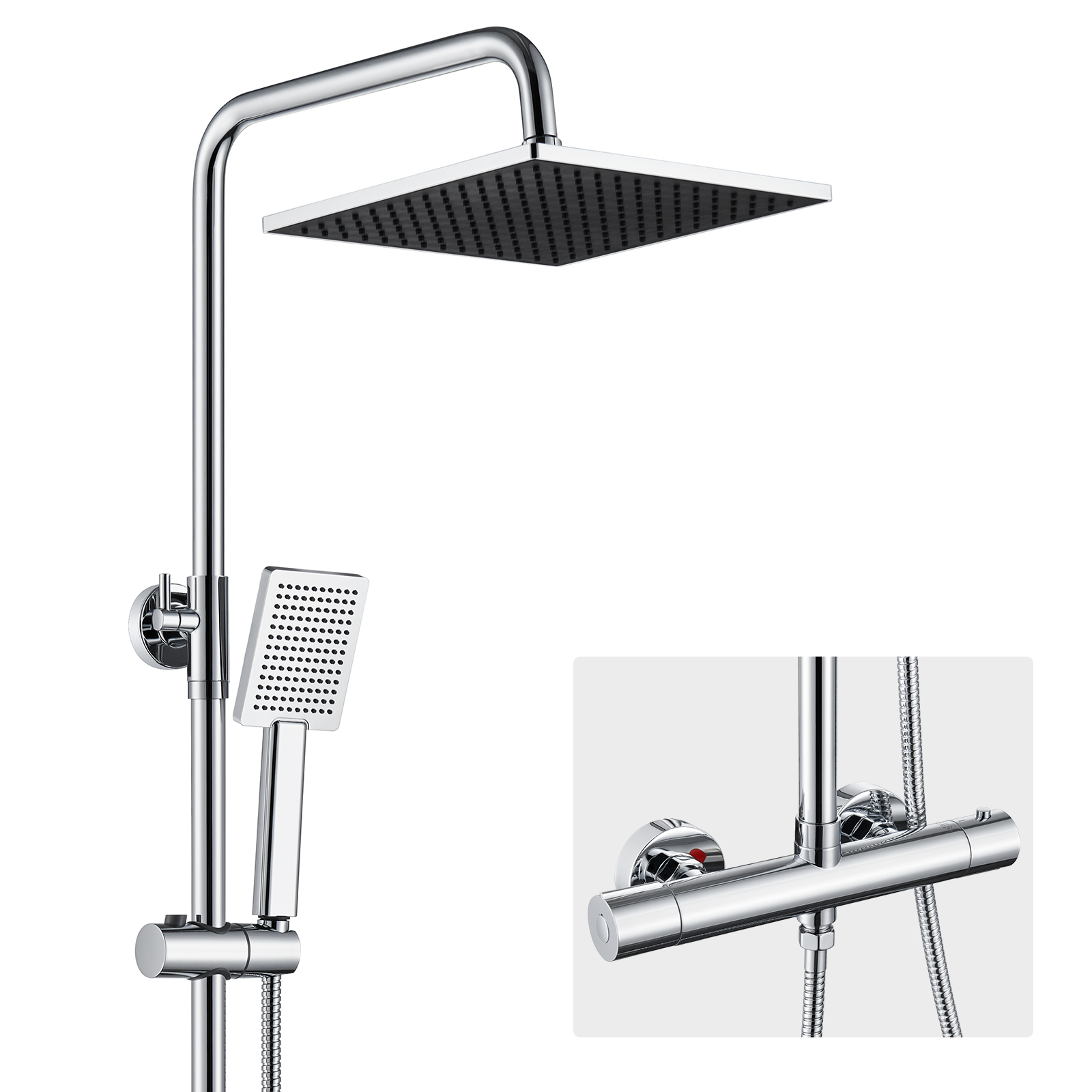 Colonna Doccia Termostatica Con Rubinetto Antiscottatura,soffione Doccia 25x25 Cm,doccetta,asta Doccia In Acciaio Inox,tubo Doccia In Pvc,nero