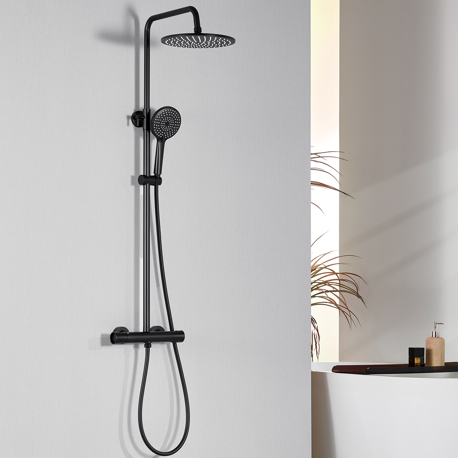 Auralum Max Colonna Doccia Termostatica Nera, Miscelatore Doccia Rame, Set Doccia Con 3 Getti, Altezza Regolabile, Ideale Per Case, Hotel, Ecc.