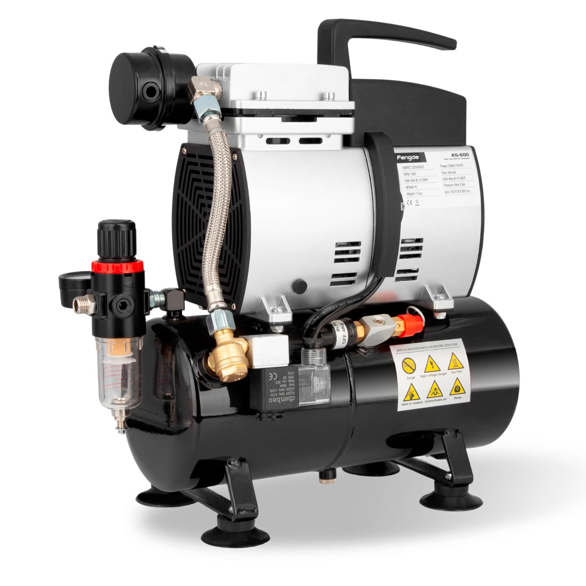 Bc-elec - As-600 Leiser Airbrush-kompressor 4 L, 350 W, 8 Bar, Ölfrei – Doppeldruck 4/8 Bar Für Airbrush