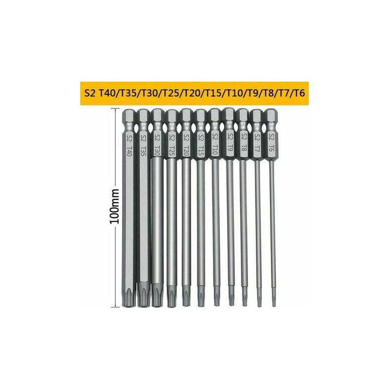 11-teiliges 100-mm-s2-1/4-zoll-präzisions-sechskantschraubendreher-bit-set, Magnetisches Sicherheitsschraubendreher-set, T6-t40-schraubendreher Mit Langem Kopf