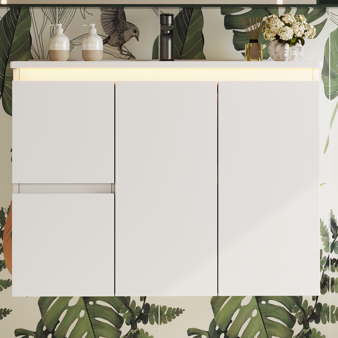 Hängender Waschtischunterschrank Mit Keramikwaschbecken, Hochglanzlack Und Sensor-led, Modernes Badmöbel, Weiß