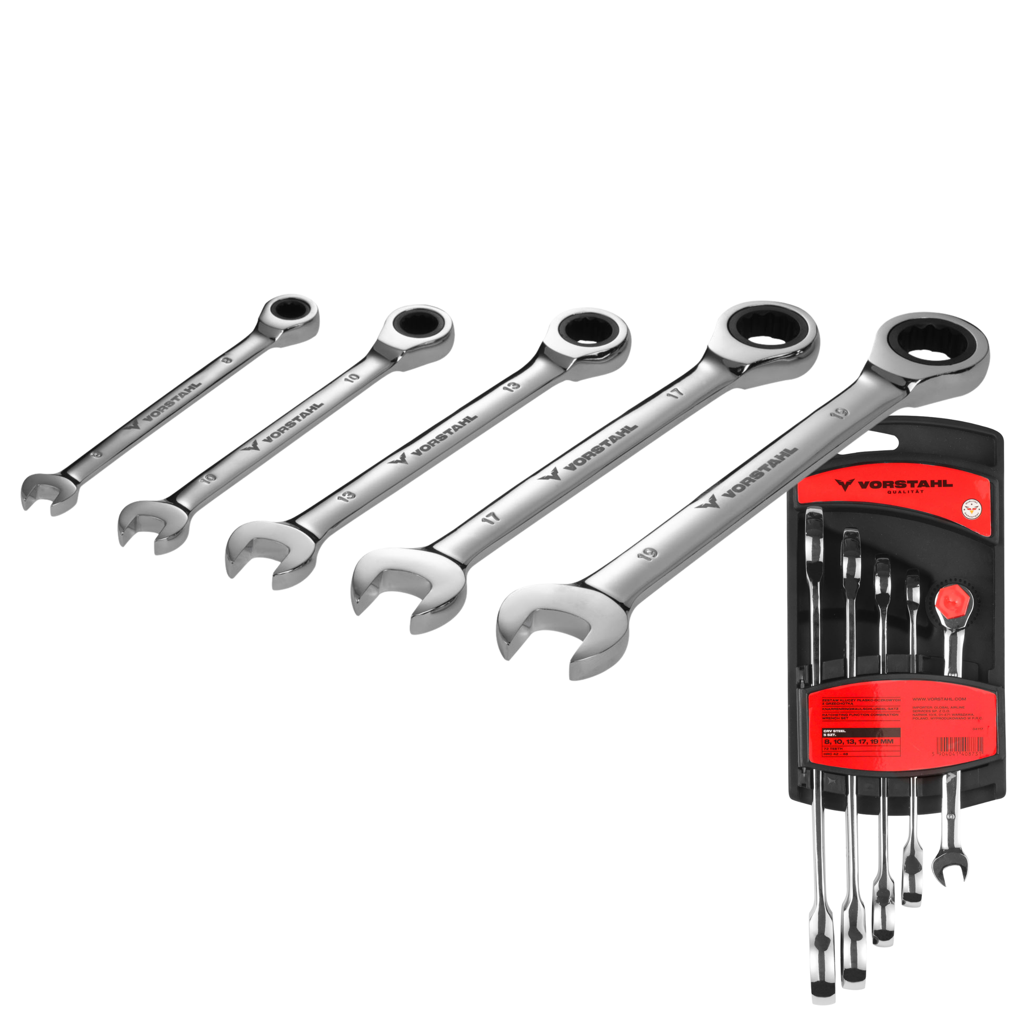 Satz Kombinationsschlüssel Mit Ratsche, Crv-stahl, 5-teilig, 8-19 Mm, Vorstahl