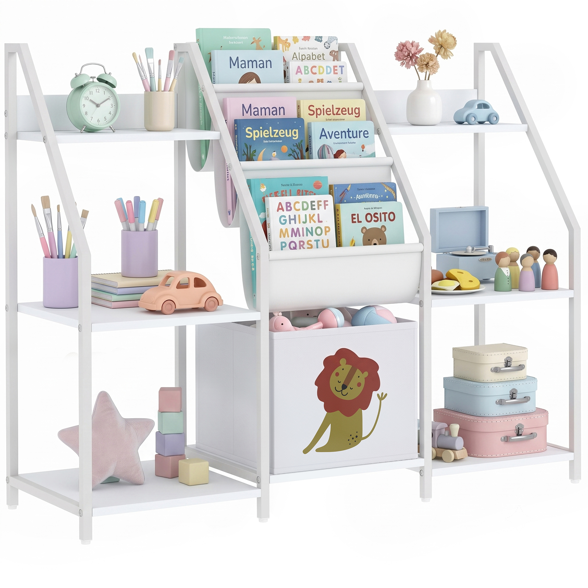 Dreistöckiges Kinderbücherregal, Stoffregal Mit Schublade, Aufbewahrungsmöbel Fürs Schlafzimmer, 93 X 30 X 76 Cm, Weiß