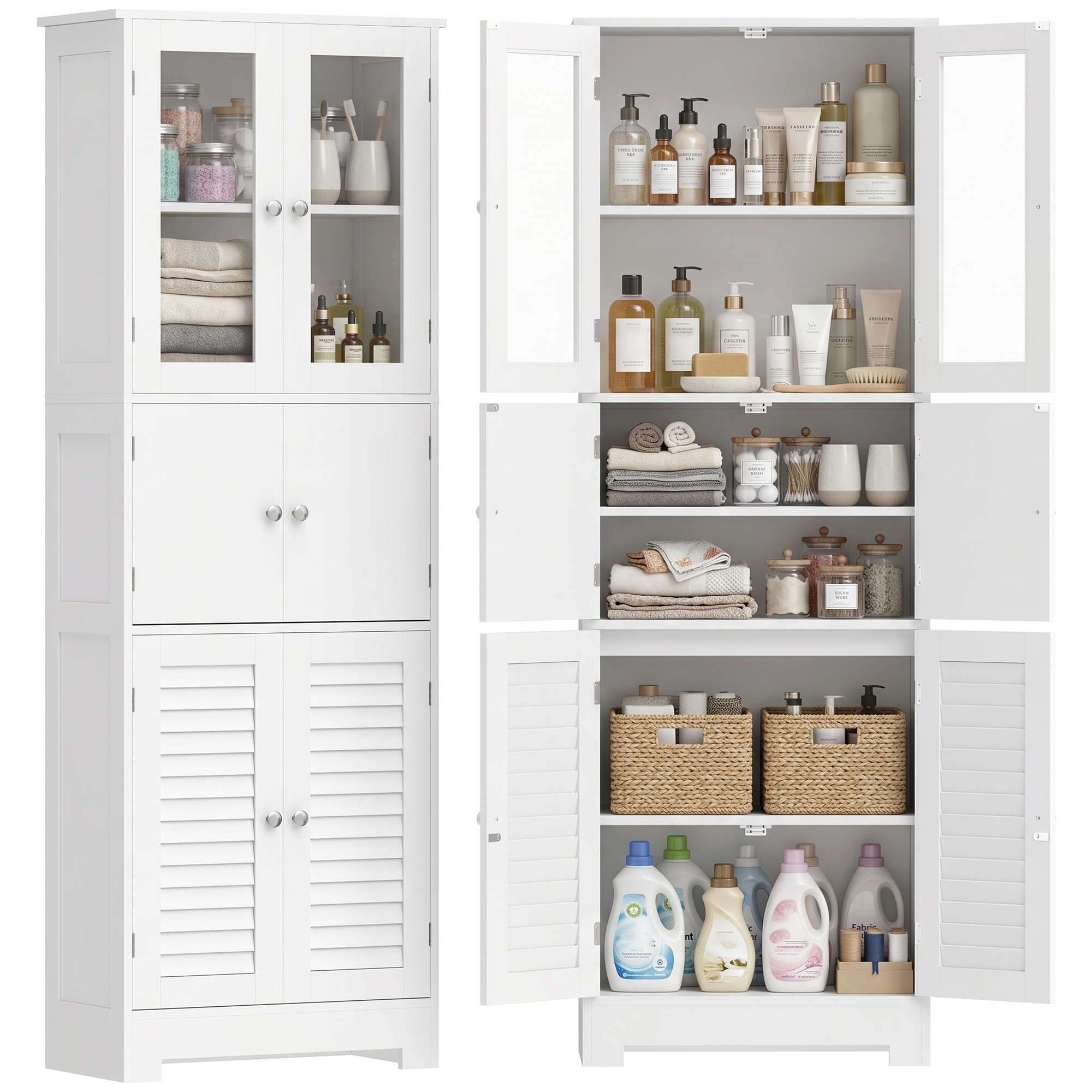 Hoher Badezimmerschrank, 6-türig (2 Glastüren, 2 Lamellentüren), Verstellbarer Einlegeboden, Weiße Ausführung