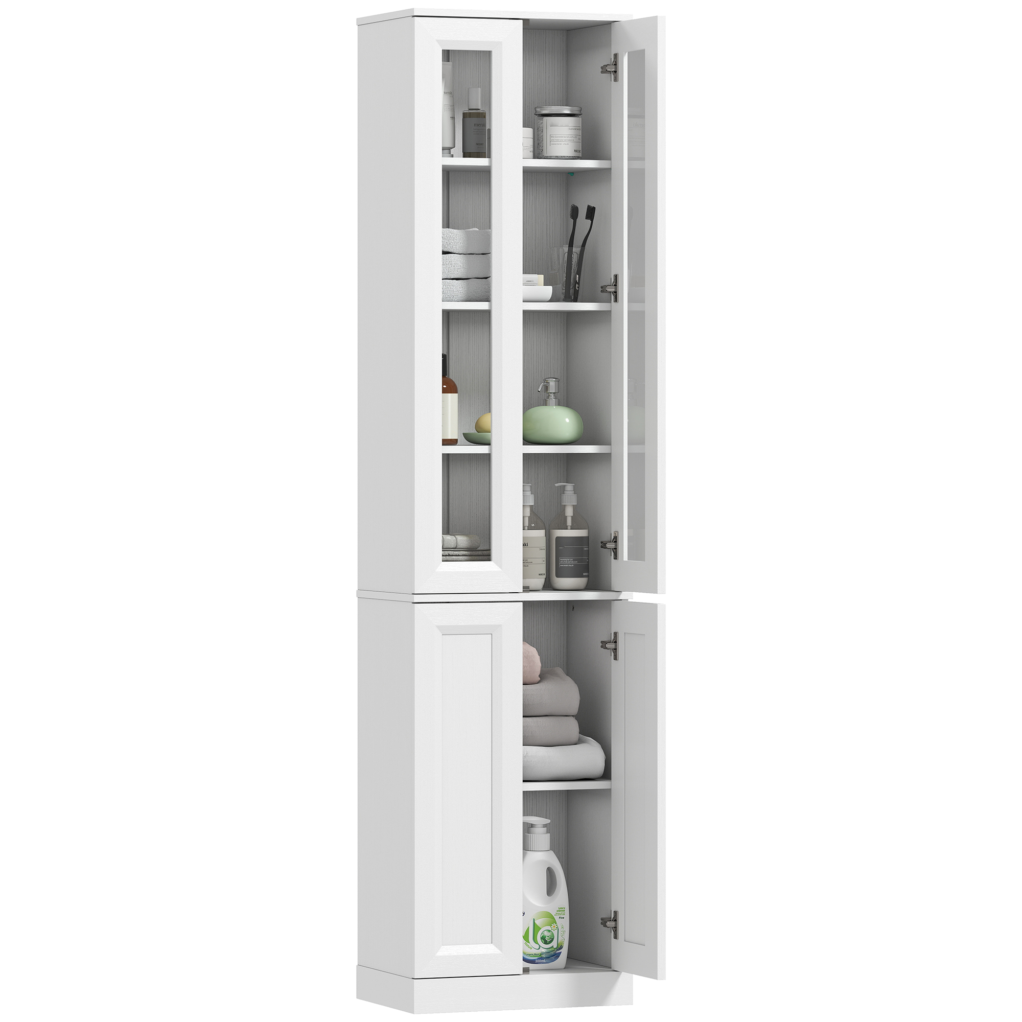 Badezimmerschrank Mit 6 Fächern, 4 Türen Mit Soft-close-mechanismus, Verstellbarem Einlegeboden, Weiß