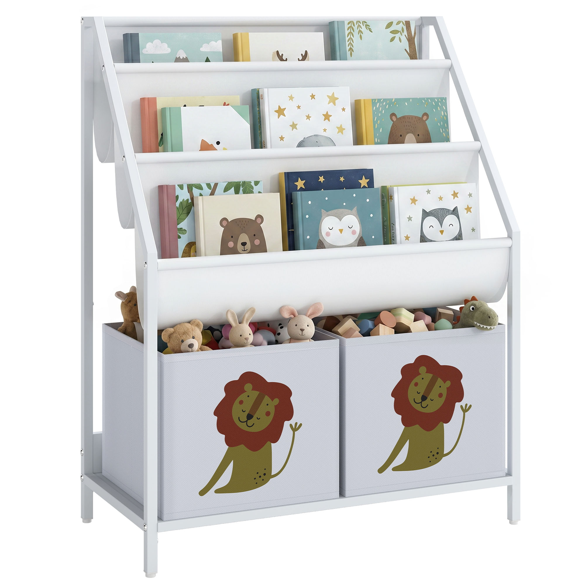 4-stöckiges Kinderbücherregal Mit Stoppern Und Stoffschublade, Weiß