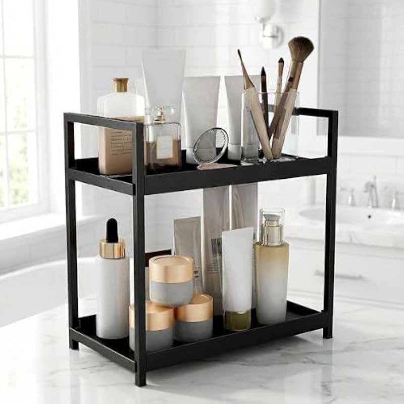 2-stöckiger Make-up-organizer, Kosmetikaufbewahrung Aus Metall, Schminktisch-organizer 30x17x30 Cm, Schwarzes Badezimmerregal, Für Schönheitsprodukte Und Gewürze