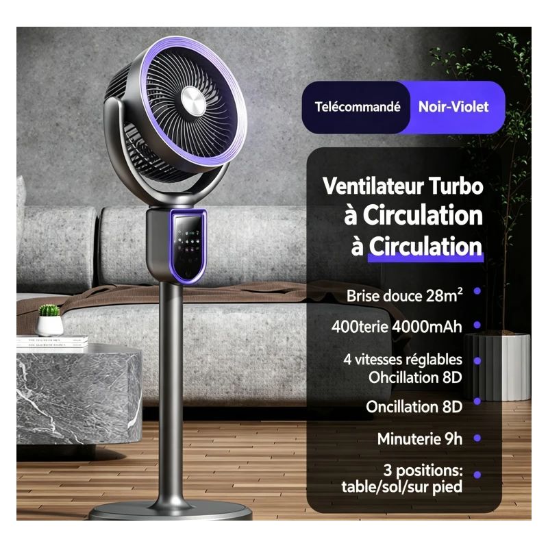 3-in-1-turbo-akku-ventilator Mit 4000-mah-akku, Fernbedienung, 8d-oszillation Und Leisem Betrieb