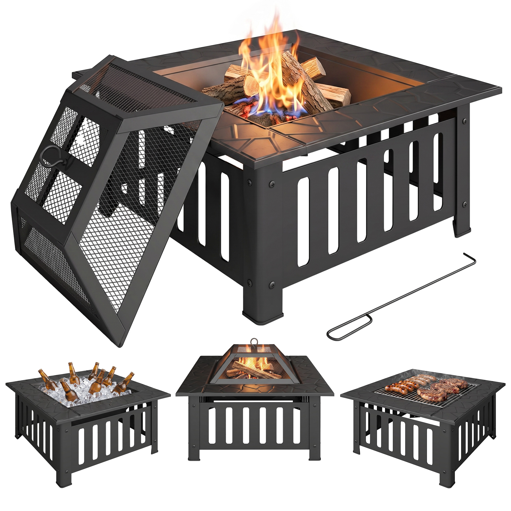 Feuerschale/feuerkorb Aus Stahl Mit Funkenschutzgitter Und Schürhaken Für Grillabende Und Camping, 67 X 67 X 47 Cm, Schwarz