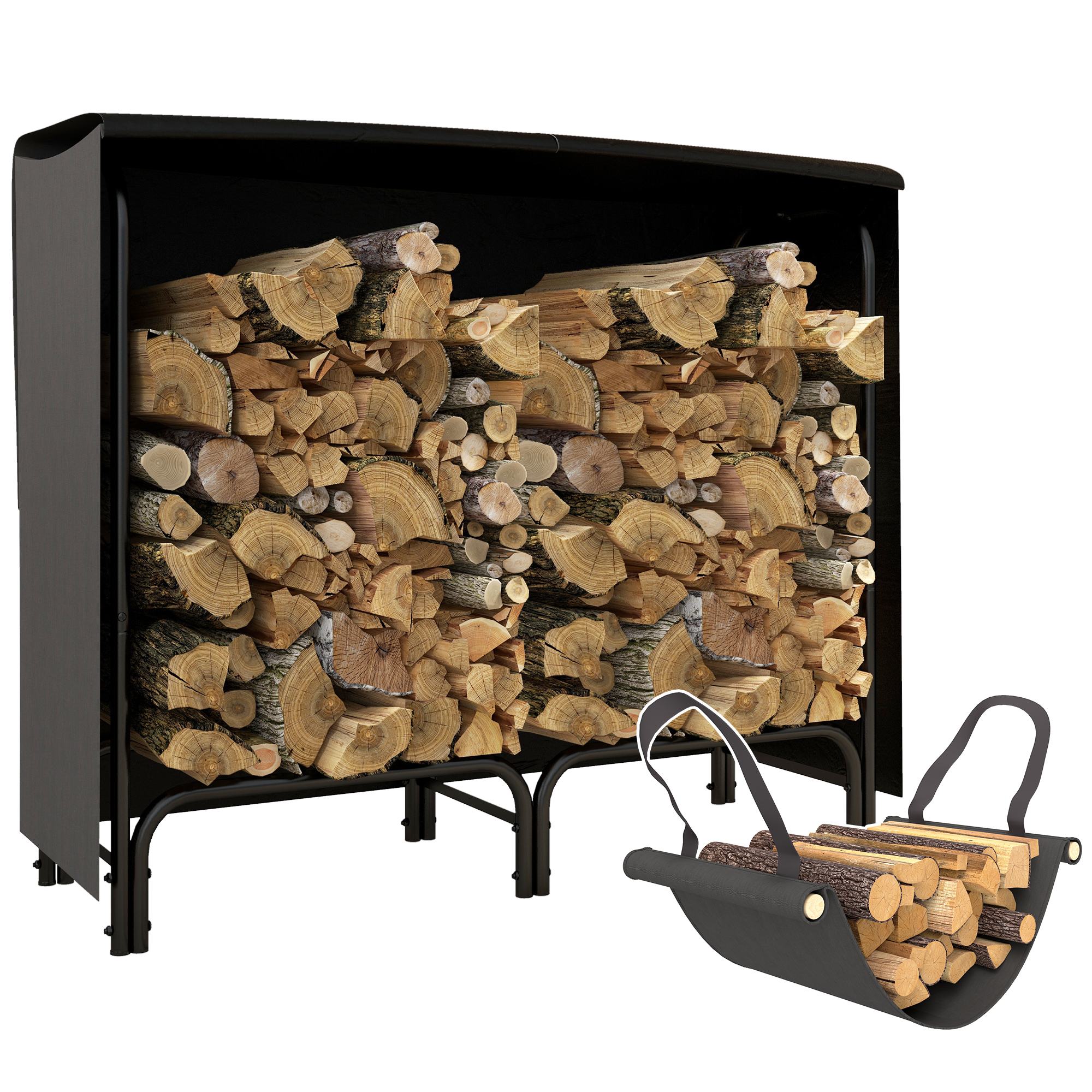 Brennholzregal, 0,33 M³, Mit Tragetasche Und Abdeckung, Metallrahmen, Max. Belastung 150 Kg, 120 X 36 X 99 Cm, Schwarz