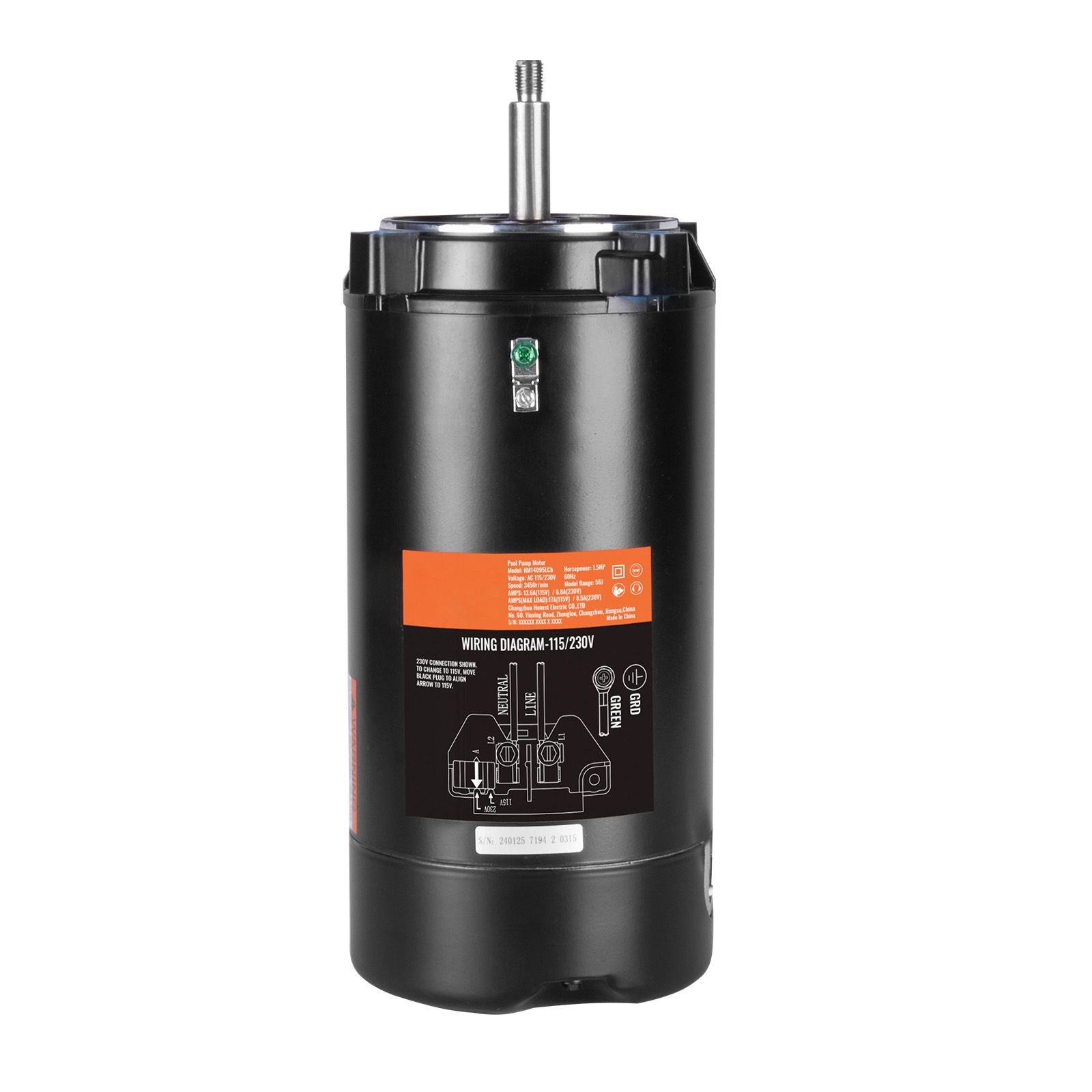 1,5 Ps Schwimmbadpumpenmotor, 56j Chassis, 115v/230v, 3450 U/min, 60hz, Betriebsfaktor 1,3, 90µf/250v Kondensator, Gegen Den Uhrzeigersinn Drehend, Runder Flansch.