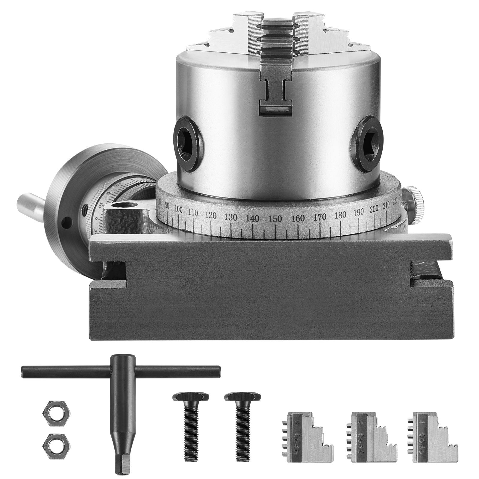 100-mm-rundtisch Für Fräsmaschinen, Horizontal-vertikale Ausführung, Präzisionsausführung, Mit 80-mm-3-backen-spannfutter, M10-schrauben, Zum Indexieren Und Bearbeiten.