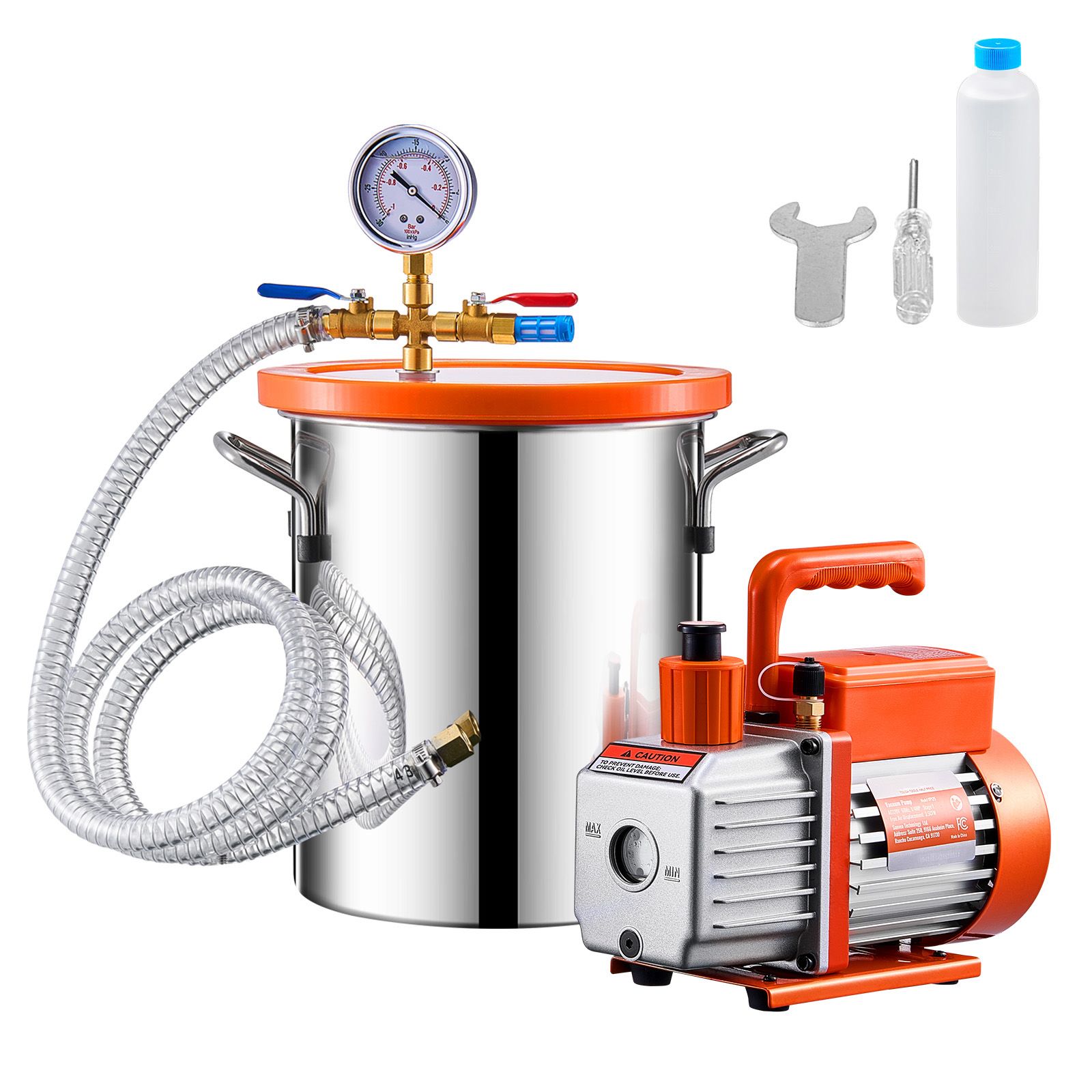 11-liter-vakuumkammer Aus Edelstahl, Set Mit 100-l/min-vakuumpumpe Und Acryldeckel. Inklusive Öl Und 1,5 M Schlauch.