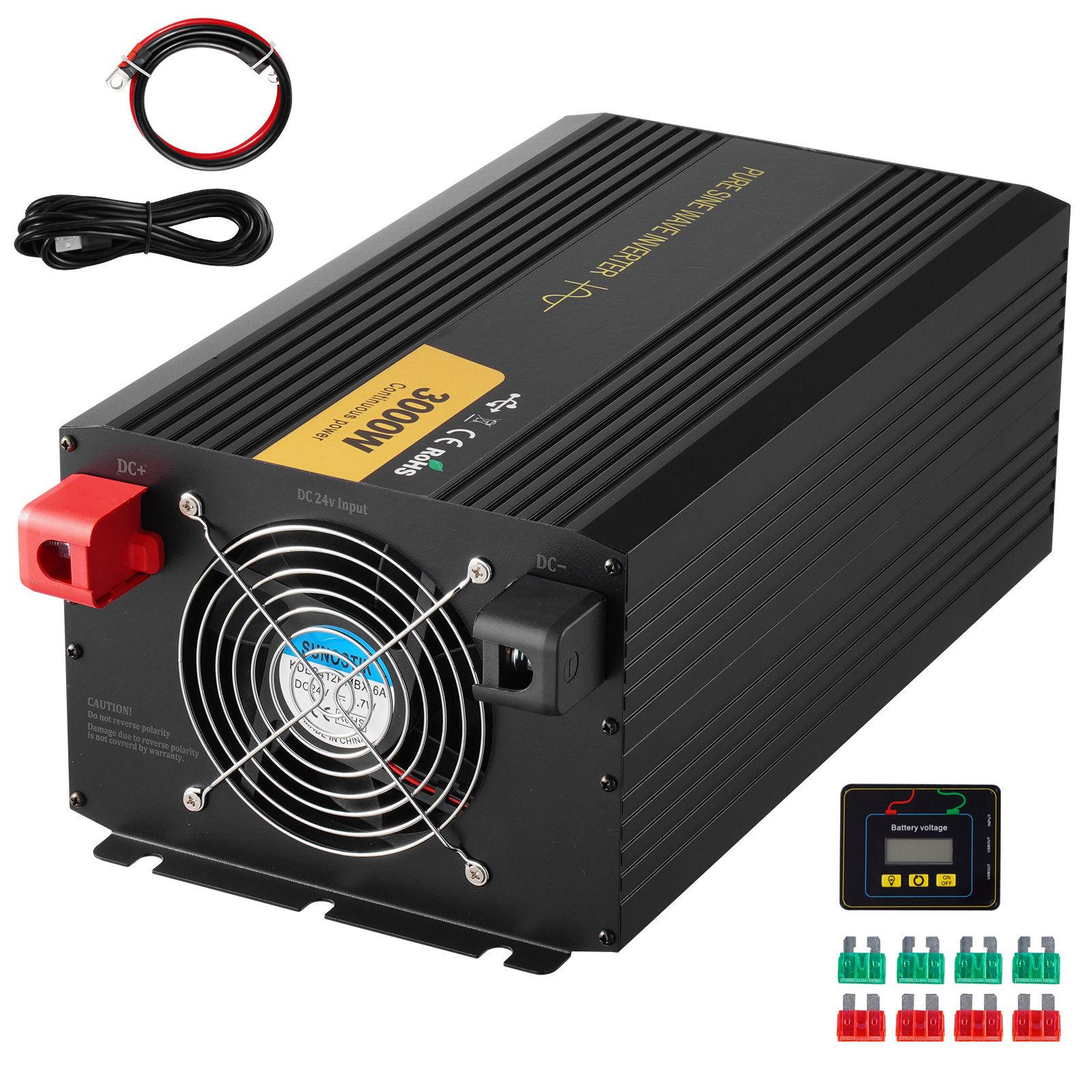 Reiner Sinus-wechselrichter, 3000 W, Wandelt 24 V Gleichstrom In 230 V Wechselstrom Um, Mit Usb-anschluss, Lcd-bildschirm, Fernbedienung Und Eu-steckern, Ideal Für Wohnmobile, Lkws, Autos, Solaranlage