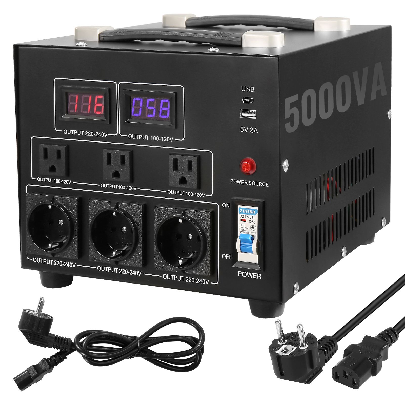 5000va Spannungswandler, Bidirektionaler 110v/220v Transformator, Us/eu Steckdosen Und 5v Usb-anschluss, Ce-zertifiziert.