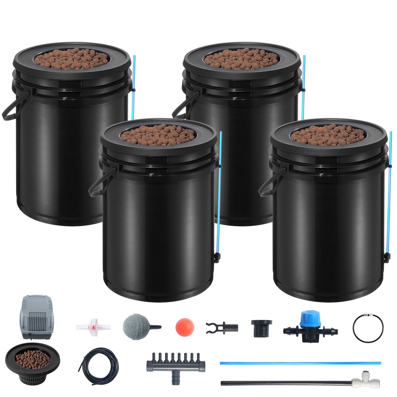 Dwc 4-eimer-hydroponiksystem (5 Gallonen) Mit Tropfbewässerung, Luftpumpe, Steinen Und Füllstandsanzeige Für Blattgemüse