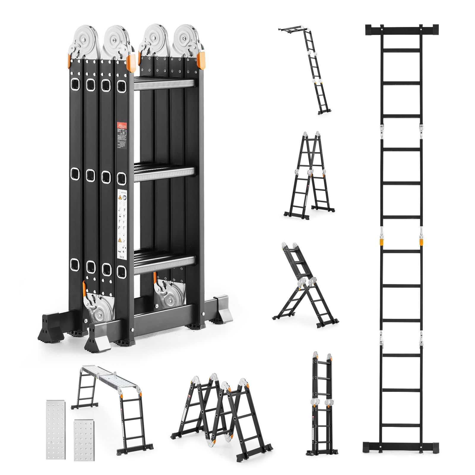 7-in-1 Multifunktions-klappleiter, 3-stufige Stehleiter Mit Arbeitsbrett, Maximale Höhe 3,7 M, Tragkraft 150 Kg, Für Den Innen- Und Außenbereich Geeignet.